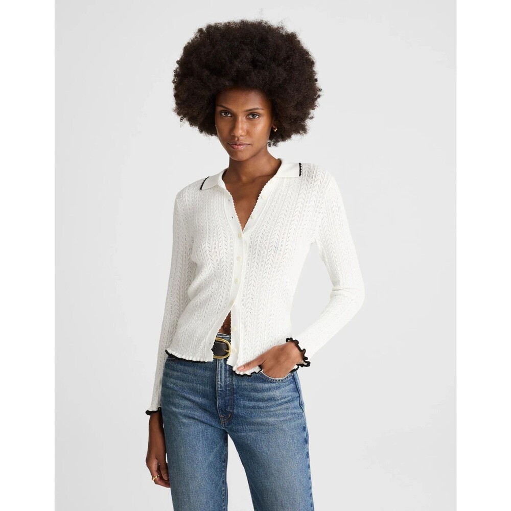 MADEWELL Ruffle-Trim Pointelle Cardigan S White With Black Slim Fit B77